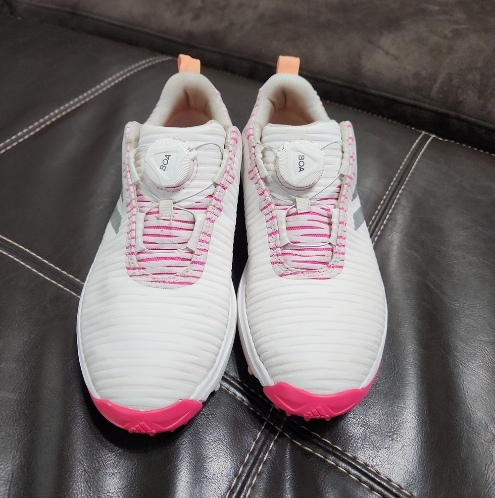adidas Kids White Golf Shoes with Pink Accents and BOA Closure